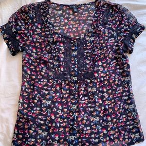 American Eagle Sheer Navy floral blouse lace